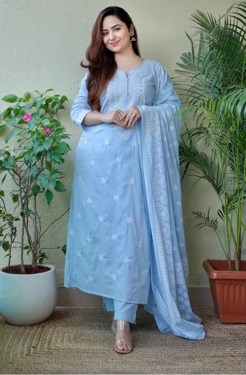 Sky Blue With Embroidery Stylish 3-Piece Set