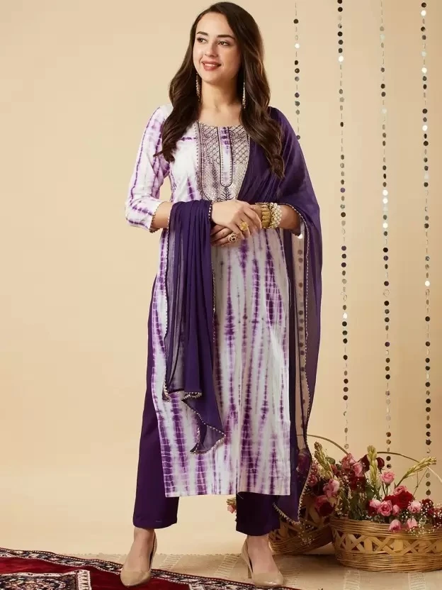 White Purple Ti-Die Printed With Embroidery Stylish 3-Piece Set