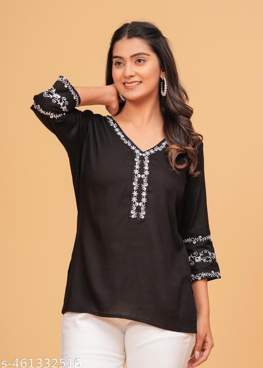 Black Embroidery Floral Printed Stylish Three by Four Quarter Sleeves Top