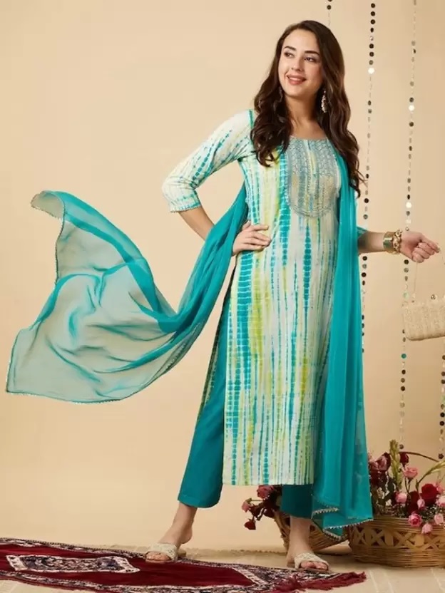 White Green Ti-Die Printed With Embroidery Stylish 3-Piece Set