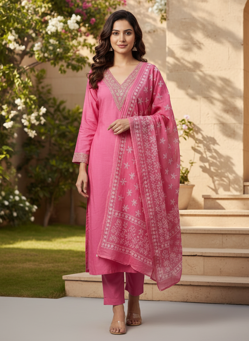 Stylish Ethinic Wear pink color with embroidery design three piece set