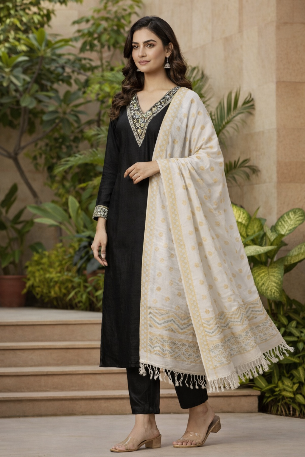 Black Embroidered Rayon  Straight Suit With Dupatta